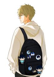 Rule 34 | 1boy, awine9, backpack, badge, bag, black hair, black pants, brown hair, button badge, character doll, charm (object), closed mouth, commentary request, doll, free!, green eyes, hair between eyes, highres, hood, hood down, hoodie, light brown hair, long sleeves, looking to the side, male focus, nanase haruka (free!), pants, short hair, solo, tachibana makoto, white background, white hoodie