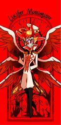 1boy absurdres angel angel_wings blonde_hair demon_boy demon_horns demon_tail fire formal_clothes hair_slicked_back hazbin_hotel highres horns looking_down lucifer_morningstar_(hazbin_hotel) male_focus ruoxuesenlan slit_pupils solo suit tail wings