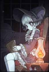 1girl black_eyes bonnet book chair closed_mouth cross-shaped_pupils doll doll_joints dot_mouth dress drill_hair from_side globe highres holding holding_book indoors inkwell joints ketopon long_sleeves oil_lamp on_chair original quill reading sitting symbol-shaped_pupils table twin_drills white_hair window