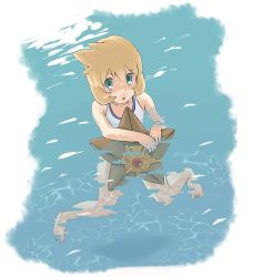 1girl cowboy_shot creatures_(company) game_freak gen_1_pokemon green_eyes legs misty_(pokemon) nintendo nyonn24 one-piece_swimsuit open_mouth orange_hair pokemon pokemon_(creature) pokemon_hgss spread_legs standing staryu swimming swimsuit water