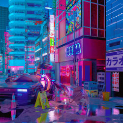 Rule 34 | absurdres, arcade, bemani, bicycle, bucket, building, car, delorean, highres, motor vehicle, neon lights, night, no humans, omorphia, plastic bottle, sega, sound voltex, traffic cone, umbrella, wet floor sign