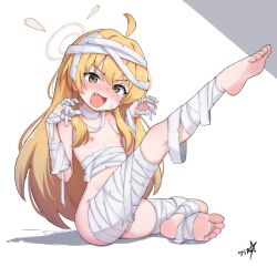 1girl absurdres ahoge bandages barefoot blonde_hair blue_archive boppin brown_eyes claw_pose commentary_request fang flat_chest full_body halo highres leg_up loli looking_at_viewer mummy_costume nipples official_alternate_costume open_mouth paid_reward_available sitting soles solo toes yellow_halo yoshimi_(blue_archive) yoshimi_(halloween)_(blue_archive)