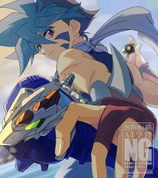 1girl absurdres bakuten_shoot_beyblade bare_shoulders beyblade beyblade_(object) blue_hair brown_gloves facial_mark fingerless_gloves gloves highres hiwatari_kai holding male_focus red_eyes solo tkoknmy0321 upper_body