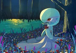 bob_cut colored_skin dress field flower flower_field gardevoir gen_3_pokemon green_hair green_skin hair_over_one_eye highres mude0530 multicolored_skin night nintendo pink_eyes pokemon pokemon_(creature) sitting tree two-tone_skin water white_dress white_skin