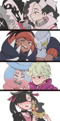 1girl 3boys bede_(pokemon) black_hair creatures_(company) duraludon game_freak gen_8_pokemon gym_leader hair_over_one_eye hatterene highres looking_at_another marnie_(pokemon) morpeko morpeko_(full) multicolored_hair multiple_boys nintendo nuzzle obstagoon open_mouth piers_(pokemon) pokemon pokemon_(creature) pokemon_swsh raihan_(pokemon) simple_background smile twintails two-tone_hair wim_wim