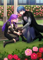 1boy 1girl armored_gloves black_boots black_cape black_gloves boots breasts bush cape clip_studio_paint_(medium) commentary commission english_commentary female_shez_(fire_emblem) fire_emblem fire_emblem:_three_houses fire_emblem_warriors:_three_hopes flower garreg_mach_monastery_uniform gloves grass hair_bun knee_boots knee_up long_hair long_sleeves looking_at_another looking_down male_byleth_(fire_emblem) medibang_paint_(medium) nintendo outdoors pink_flower pink_rose purple_hair rezzyfa rose single_side_bun sitting window