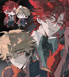 2boys ahoge animal_ears artist_request black_background black_hair black_jacket black_shirt blonde_hair blue_jacket braid braided_ponytail chibi chibi_inset chinese_commentary chinese_knot closed_mouth collared_shirt earrings fox_boy fox_ears grin hair_between_eyes hand_on_another&#039;s_head headpat highres jacket jewelry kemonomimi_mode long_hair long_sleeves looking_at_viewer male_focus multicolored_hair multiple_boys necklace open_clothes open_jacket orange_eyes pants piercing red_eyes red_hair second-party_source shiguang_dailiren shirt short_hair single_braid smile tassel tassel_earrings turtleneck white_shirt xia_fei xiao_weiying yaoi