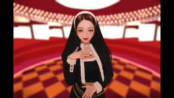 12_07sh 1girl black_hair black_jacket black_nails brown_hair earrings eyeshadow gfriend hairband highres indoors jacket jewelry k-pop long_hair makeup pearl_earrings pillarboxed real_life smile solo sowon_(gfriend) upper_body white_hairband white_nails