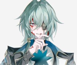 1boy anaxa_(honkai:_star_rail) black_jacket blood blood_on_face blue_eyes grin hand_tattoo hand_up highres honkai:_star_rail honkai_(series) jacket looking_at_viewer male_focus medium_hair red_tattoo side_ponytail simple_background smile solo tattoo teeth thorn72132528 upper_body white_background