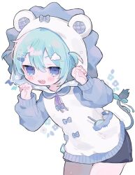 1girl animal_ears animal_hood aqua_hair artist_name blue_eyes blush blush_stickers bow candy claw_pose cloud_hair_ornament commentary cotono_(nazekun) cowboy_shot fake_animal_ears floral_print flower_symbol food gao hair_between_eyes hair_ornament hairclip half-closed_eyes hands_up highres hood hood_up hoodie jitome leaning_forward lightning_bolt_symbol lion_hood lion_tail lollipop long_sleeves looking_at_viewer neck_ribbon open_mouth original pastel_colors pocket ribbon sharp_teeth sidelocks simple_background smile solo spoken_lightning_bolt standing swirl_lollipop tail tail_ornament tail_ribbon teeth upper_teeth_only white_background