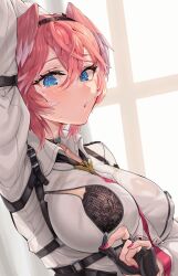 1girl :o @_@ absurdres armpits black_bra blue_eyes blush bra breast_zipper breasts choker collar collarbone flustered gloves hair_between_eyes hairband head_wings headband highres hololive holox jacket lace lace-trimmed_bra lace_trim large_breasts long_sleeves looking_at_viewer multicolored_hair necktie pink_hair puffy_sleeves shirt short_hair snarkhunt solo sweat sweatdrop takane_lui takane_lui_(1st_costume) tears teasing underwear unzipped unzipping virtual_youtuber wet wet_clothes white_shirt wings zipper zipper_pull_tab