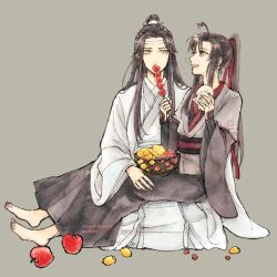 2boys ahoge apple barefoot basket black_hair black_hanfu chinese_clothes couple eating food fruit fruit_basket full_body grey_background grey_eyes hair_ribbon hanfu headband heart heart_ahoge high_ponytail highres holding holding_food lan_wangji long_hair long_sleeves looking_at_another loquat male_focus modao_zushi multiple_boys open_mouth ponytail red_ribbon ribbon robe sash sidelocks simple_background sitting sitting_on_lap sitting_on_person smile steamed_bun tanghulu topknot twitter_username w2biiro watermark wei_wuxian white_hanfu white_headband wide_sleeves xiao_guan_(headdress) yaoi yellow_eyes