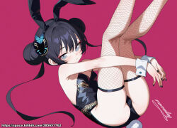 1girl absurdres animal_ears black_leotard black_nails blue_archive breasts closed_mouth double_bun fake_animal_ears fake_tail fishnet_thighhighs fishnets hair_bun highres huge_filesize kisaki_(blue_archive) leotard loli long_hair looking_at_viewer momobug22 playboy_bunny rabbit_ears rabbit_tail simple_background small_breasts smile solo tail thighhighs twintails wrist_cuffs