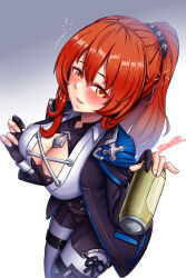Rule 34 | 1girl, :d, alcohol, beer, beer can, black gloves, black jacket, black shorts, blush, breasts, can, cleavage, collared shirt, drink can, drunk, fingernails, gloves, grey background, highres, holding, holding can, honkai (series), honkai impact 3rd, jacket, large breasts, large variant set, long hair, looking at viewer, mole, mole on breast, murata himeko, murata himeko (arctic kriegsmesser), open mouth, pantyhose, partially fingerless gloves, ponytail, red hair, shirt, shorts, smile, solo, squeans, variant set, white pantyhose, white shirt, yellow eyes, zero130