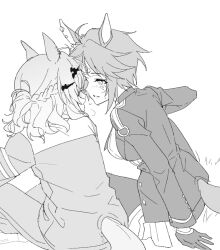 Rule 34 | 2girls, animal ears, blush, braid, commentary request, fuji kiseki (umamusume), gloves, greyscale, half up braid, horse ears, horse girl, horse tail, jacket, jungle pocket (umamusume), korean commentary, long sleeves, looking at another, medium hair, monochrome, multiple girls, parted lips, short hair, sitting, tail, umamusume, yuri, zn242878163