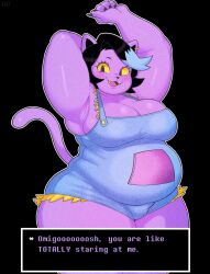 1girl :3 animal_ear_piercing animal_ears arm_behind_head armpits arms_up belly black_hair black_nails blue_hair blue_overalls breasts cat_ears cat_girl cat_tail catty_(undertale) champchidi claws cleavage colored_sclera colored_skin colored_tips cowboy_shot dialogue_box exposed_pocket eyelashes fangs fat fat_woman fingernails highres large_breasts light_blush long_fingernails looking_at_viewer multicolored_hair naked_overalls open_mouth overall_shorts overalls purple_skin sharp_fingernails short_hair solo tail teasing thick_arms two-tone_hair undertale wide_hips yellow_sclera