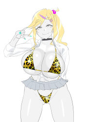 1girl animal_print black_choker blonde_hair bra breasts choker cleavage closed_mouth gluteal_fold grey_skirt gyaru hair_bobbles hair_ornament hairclip highleg highleg_panties highres huge_breasts inuyama_aoi konmori_(kinbou_sokai) leopard_print looking_at_viewer microskirt nail_polish panties shirt simple_background sketch skindentation skirt smile solo tan thick_eyebrows underwear unfinished wavy_mouth white_background white_shirt yellow_bra yellow_panties yurucamp