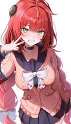 1girl absurdres ahoge black_choker black_sailor_collar black_skirt blush bow bowtie braid braided_twintails breasts cardigan chest_bow choker green_eyes grin hair_ribbon hearing_aid highres hini_ni impossible_clothes impossible_shirt long_hair long_sleeves looking_at_viewer open_mouth pink_cardigan pleated_skirt red_hair ribbon sailor_collar shirt skirt smile solo sphere_hair_ornament teeth thighhighs twintails ukinami_yuzuha v very_long_hair white_bow white_bowtie zenless_zone_zero
