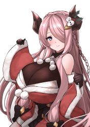 absurdres black_gloves blue_eyes braid breasts demon_horns draph gloves granblue_fantasy hair_over_one_eye highres horns large_breasts light_purple_hair long_hair low_tied_hair nagisa_otoha narmaya_(granblue_fantasy) narmaya_(holiday)_(granblue_fantasy) pointy_ears single_braid solo very_long_hair