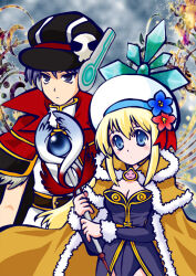 1boy 1girl black_hat blonde_hair blue_background blue_eyes blue_flower blush breasts brooch brown_cape cape capelet cleavage closed_mouth commentary_request cowboy_shot dress expressionless flower fur-trimmed_cape fur-trimmed_capelet fur_trim gold_trim hat hat_flower hat_ornament high_wizard_(ragnarok_online) holding holding_staff jewelry long_hair looking_at_viewer medium_breasts newsboy_cap poring purple_dress purple_eyes purple_hair ragnarok_online red_capelet red_flower robot_ears shirt short_hair sidelocks skull_hat_ornament staff tam_(ragnarok_online) textless_version white_hat white_shirt wizard_(ragnarok_online) yazawa_kazuki