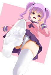Rule 34 | 1girl, alicemagic, blush, breasts, doyagao, feet, femdom, foot focus, from below, hand up, highres, looking at viewer, no shoes, open mouth, otachan, panties, pink shirt, purple eyes, purple hair, purple sailor collar, purple skirt, sailor collar, school uniform, serafuku, shirt, sidelocks, skirt, smile, smug, soles, solo, the otachan show, thighhighs, toes, twintails, underwear, white panties, white thighhighs