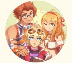 1girl 2boys :d ;) bare_shoulders blonde_hair blue_eyes book breasts enni fiora_(xenoblade) glasses green_background green_eyes hair_between_eyes hair_ornament hand_on_another&#039;s_shoulder long_hair medium_breasts midriff multiple_boys one_eye_closed open_mouth red_hair red_vest reyn_(xenoblade) round_image shulk_(xenoblade) simple_background smile upper_body v vest white_background xenoblade_chronicles_1 xenoblade_chronicles_(series)