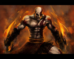 1boy bald beard blade blood chain epic facial_hair fire god_of_war kratos_(god_of_war) male_focus manly mythology pale_skin pteruges scar solo spartan sword tattoo topless_male weapon