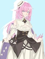 Rule 34 | 1girl, blue background, blue eyes, breasts, chinese commentary, cleavage, commentary request, dai3844152, dress, elf, elysia (honkai impact), elysia (sweet memories) (honkai impact), hat, highres, honkai (series), honkai impact 3rd, large breasts, long hair, official alternate costume, pink hair, pointy ears, simple background, smile, solo, tilted headwear, very long hair, white dress, white hat