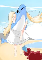 1girl animal beach blonde_hair crab fins fish fish_girl fish_head fish_tail highres holding indie_virtual_youtuber long_hair overlordskeith reverse_mermaid sameko_saba shell skirt tail twintails virtual_youtuber white_skirt
