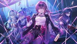 1boy 3girls black_capelet black_hair black_jacket black_pants black_shirt black_shorts blade_(honkai:_star_rail) breasts bullet capelet chewing_gum crop_top dress drill_hair firefly_(honkai:_star_rail) goggles goggles_on_head green_dress grey_hair high-waist_shorts highres honkai:_star_rail honkai_(series) indoors jacket kafka_(honkai:_star_rail) kukatsuma large_breasts long_hair multiple_girls pants pantyhose purple_eyes purple_hair shirt shorts silver_wolf_(honkai:_star_rail) stairs stellaron_hunters_(honkai:_star_rail) thread white_shirt