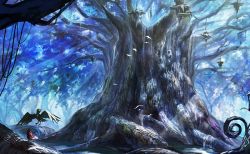 animal bayashiko bird cape dappled_sunlight day fantasy forest from_behind giant_tree nature nest original outdoors oversized_animal plant_roots red_cape scenery standing sunlight tree