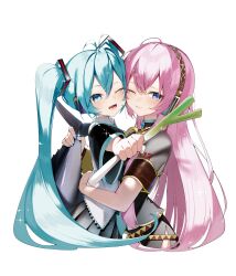 2girls absurdres aqua_eyes aqua_nails arm_warmers armband blue_brooch blue_eyes blue_nails brooch cheek-to-cheek hatsune_miku headphones heads_together highres hug jewelry long_hair megurine_luka multiple_girls one_eye_closed open_mouth pink_hair reirou_(chokoonnpu) spring_onion tuna twintails vocaloid wink yuri