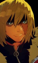 1boy absurdres black_background blonde_hair blue_eyes burn_scar closed_mouth death_note fur-trimmed_jacket fur_trim hair_between_eyes highres isaacchief300 jacket looking_at_viewer mello_(death_note) portrait scar scar_on_face shaded_face solo zipper zipper_pull_tab
