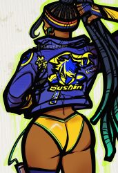 1girl absurdres aqua_trim ass bikini character_print colored_tips dark-skinned_female dark_skin dreadlocks earphones from_behind headband highres jacket kimberly_jackson klever multicolored_hair multicolored_headband solo street_fighter street_fighter_6 swimsuit walkman yellow_bikini zeku