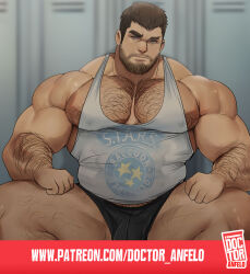 Rule 34 | 1boy, bara, bare pectorals, beard stubble, black shorts, blue eyes, blurry, blurry background, broad shoulders, brown hair, bulge, chest hair, chris redfield, covered erect nipples, doctor anfelo, facial hair, hands on own thighs, highres, large pectorals, leg hair, locker, locker room, male focus, mature male, muscular, muscular male, pectorals, raised eyebrow, resident evil, resident evil village, short hair, shorts, sparse arm hair, sparse leg hair, stubble, tank top