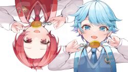 Rule 34 | 2boys, :d, aged down, anzu 1026, backpack, bag, bangs pinned back, blue eyes, blue hair, blue necktie, blue sweater, collared shirt, crime prevention buzzer, crime prevention buzzer threat, flipped hair, hotoke (ireisu), ireisu, liura (ireisu), long sleeves, looking at viewer, male focus, multiple boys, necktie, official art, open mouth, pose imitation, red eyes, red hair, red necktie, red sweater vest, rotational symmetry, shirt, short hair, shukusei!! loli-kami requiem, simple background, smile, solo, sweater, sweater vest, swept bangs, upper body, upside-down, utaite, white background, white shirt