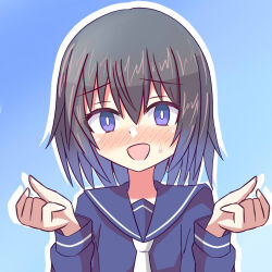 1girl black_hair blue_background blue_eyes open_mouth sailor_collar