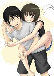 1boy 1girl ;d amagami arm_around_neck arm_around_shoulder bare_shoulders barefoot black_hair black_shorts black_tank_top blue_skirt blush bob_cut brother_and_sister brown_eyes brown_hair carrying carrying_person casual commentary cowboy_shot feet foot_out_of_frame furrowed_brow grin hand_on_another&#039;s_leg highres hug hug_from_behind jishaku_(user_rcuz2843) leg_lock legs loose_hair_strand messy_hair motion_lines one_eye_closed open_mouth piggyback pleated_skirt shirt short_hair short_sleeves shorts siblings skirt smile strap_slip sweatdrop t-shirt tachibana_jun&#039;ichi tachibana_miya tank_top toenails toes two-tone_background white_background white_shirt wince yellow_background