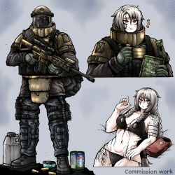 Rule 34 | 1girl, assault rifle, bikini, black bikini, black panties, body armor, breasts, commission, field ration, food, gloves, green gloves, grey hair, gun, helmet, highres, holding, holding food, holding gun, holding weapon, leg tattoo, long hair, navel, octosoup, original, panties, red eyes, rifle, russian text, scar, scar across eye, scar on face, scope, shoulder tattoo, skull print, solo, swimsuit, tactical clothes, tattoo, tin (container), toned, toned female, translated, underwear, weapon