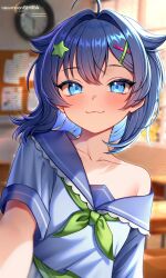 1girl :3 absurdres ahoge artist_name blue_eyes blue_hair blue_serafuku clock closed_mouth commentary desk english_commentary green_neckerchief hair_flaps hair_intakes hair_ornament highres indie_virtual_youtuber indoors looking_at_viewer neckerchief newmoonshira school_desk school_uniform senzawa serafuku solo star_(symbol) star_hair_ornament virtual_youtuber wall_clock x_hair_ornament