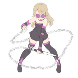1girl bad_id bad_pixiv_id bare_shoulders black_boots black_dress black_sleeves black_thighhighs blindfold boots brown_hair chain cosplay dagger detached_sleeves dress facial_mark fate/stay_night fate_(series) female_focus fingerless_gloves forehead_mark full_body gloves hair_down holding holding_weapon idolmaster idolmaster_cinderella_girls knife long_hair long_sleeves medusa_(fate) medusa_(rider)_(fate) medusa_(rider)_(fate)_(cosplay) morikubo_nono nameless_dagger_(fate) parted_lips short_dress simple_background sleeves_past_wrists solo strapless strapless_dress thigh_boots thighhighs uccow very_long_hair weapon white_background