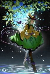 Rule 34 | 1girl, ankle boots, black boots, black hat, blouse, blue flower, blue rose, boots, bow, buttons, closed eyes, collared shirt, commentary, contrast collar, dark background, diamond button, falling petals, flower, frilled shirt collar, frilled skirt, frilled sleeves, frills, full body, green hair, green skirt, hat, hat bow, heart, komeiji koishi, leaf, long sleeves, maisuiren, parted lips, petals, ripples, rose, rose petals, shirt, short hair, skirt, skirt hold, solo, tiptoes, touhou, wide sleeves, yellow bow, yellow shirt