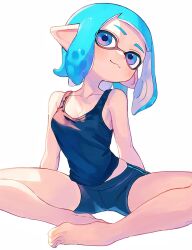 1girl barefoot bike_shorts blue_eyes blue_hair breasts cleavage closed_mouth collarbone commentary_request highres inkling inkling_girl inkling_player_character kodak_painter long_hair looking_at_viewer medium_hair nintendo pointy_ears simple_background sitting smile solo splatoon_(series) splatoon_3 tentacle_hair white_background