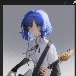 1girl aegyo_sal art_program_in_frame black_ribbon blowing_bubble_gum blue_hair bocchi_the_rock! chewing_gum collared_shirt commentary_request elicooc eyelashes green_eyes guitar guitar_strap highres holding holding_guitar holding_instrument instrument layered_sleeves long_sleeves looking_at_viewer neck_ribbon parted_bangs ribbon shirt short_hair short_over_long_sleeves short_sleeves solo unfinished upper_body white_shirt yamada_ryo