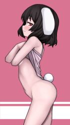 1girl :3 alternate_costume animal_ears black_hair bottomless breasts camisole closed_mouth clothes_lift commentary covering_breasts covering_privates cowboy_shot floppy_ears from_side highres inaba_tewi light_blush looking_at_viewer looking_to_the_side naughty_face nuclear_cake pink_camisole profile rabbit_ears rabbit_girl rabbit_tail red_background red_eyes short_hair small_breasts solo stomach tail touhou undressing