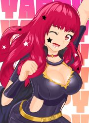 1girl ;d absurdres belt black_cape bodysuit breasts cape choker cleavage clothing_cutout facial_mark fire_emblem fire_emblem_engage gold_belt hair_ornament highres kurorami large_breasts navel nintendo one_eye_closed open_mouth pink_choker purple_bodysuit red_eyes red_hair side_cutout smile solo star_(symbol) star_facial_mark star_hair_ornament two-tone_cape yellow_belt yunaka_(fire_emblem)