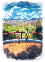2girls anna_(pokemon) backpack bag bird black_hair black_pantyhose brown_footwear brown_hair cloud day fence flamigo from_behind hand_up highres multiple_girls nemona_(pokemon) nintendo orange_shorts outdoors pantyhose pokemon pokemon_(creature) pokemon_sv ponytail school_uniform shirt shoes short_sleeves shorts shuu_illust sky socks standing tree white_shirt white_socks