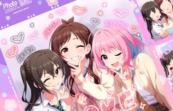 Rule 34 | #unicus (idolmaster), 3girls, ahoge, anime coloring, blue hair, blush, breasts, brown hair, brown necktie, cardigan, character name, collarbone, collared shirt, crossed bangs, diagonal-striped clothes, diagonal-striped necktie, faceless, green necktie, grin, hair between eyes, heart, idolmaster, idolmaster cinderella girls, idolmaster cinderella girls starlight stage, leaning to the side, long hair, long sleeves, looking at viewer, medium breasts, medium hair, mole, mole under eye, multicolored hair, multiple girls, multiple views, necktie, official alternate costume, official art, one eye closed, open cardigan, open clothes, open mouth, pink eyes, pink hair, sharp teeth, shirt, skirt, smile, striped clothes, sunazuka akira, teeth, tsujino akari, two-tone hair, white shirt, yumemi riamu