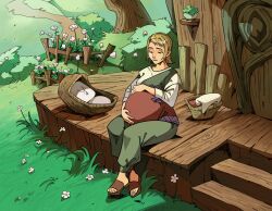 Rule 34 | 1girl, absurdres, basket, blonde hair, bush, commission, commissioner upload, cradle, field, flower, grass, green pants, hands on own stomach, highres, house, housewife, mature female, motherly, nature, nintendo, on floor, outdoors, pants, pink sash, porch, pregnant, risto lious, rural, sandals, sash, short hair, smile, solo, stairs, sunlight, the legend of zelda, the legend of zelda: twilight princess, tree, tribal, uli (twilight princess)