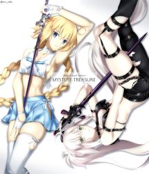 2girls asymmetrical_pants black_choker black_gloves black_pants blonde_hair blue_eyes blue_skirt boot_straps braid breasts choker cleavage commentary_request copyright_name dolphin fate/grand_order fate_(series) fingerless_gloves foo_(pixiv54892036) gloves highres jeanne_d&#039;arc_(fate) jeanne_d&#039;arc_(mystery_treasure)_(fate) jeanne_d&#039;arc_(ruler)_(fate) jeanne_d&#039;arc_alter_(fate) jeanne_d&#039;arc_alter_(mystery_treasure)_(fate) long_braid long_hair looking_at_viewer lying medium_breasts midriff multiple_girls mystery_treasure official_alternate_costume on_back on_side pants ponytail shirt silver_hair single_braid skirt sleeveless sleeveless_shirt sword thigh_strap thighhighs torn_clothes torn_pants twitter_username very_long_hair weapon white_choker white_gloves white_legwear white_shirt yellow_eyes